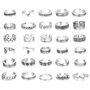 Silver Boho Adjustable Open Toe Rings - Set of 30